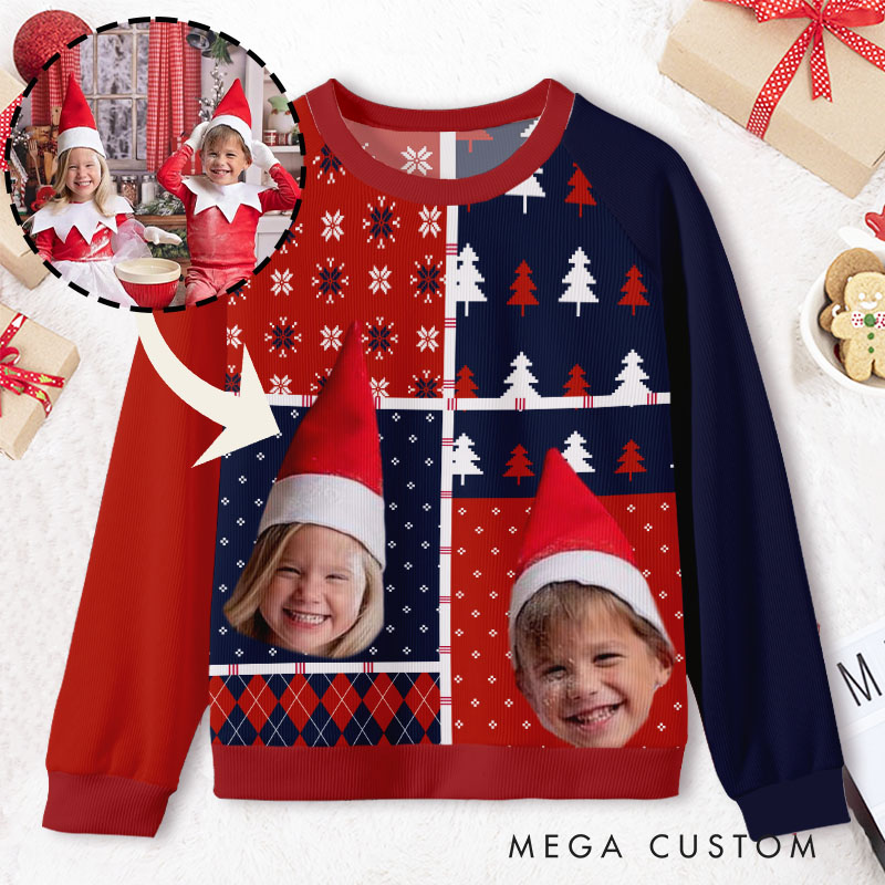 Personalized Red and Blue Christmas Tree with Custom Photo Cheerful Celebration Ugly Sweater Shirt