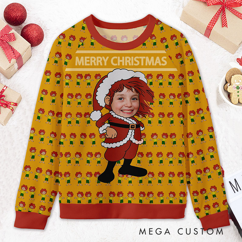 Personalized Merry Christmas Santa Custom Face Funny Holiday Gift Festive Style Cozy Winter Party Joyful Red Yellow Cheer Magic Ugly Sweater Shirt