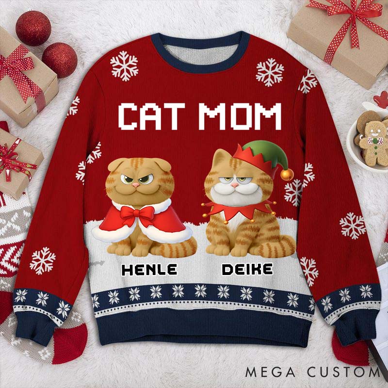 Personalized Cat Lover Cat Mom Winter Christmas Ugly Sweater