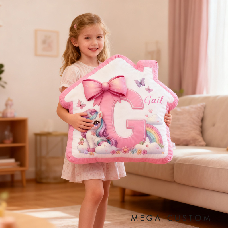 Personalized House Pillow Pink House-Shaped 26 Letters Custom Name Design for Girl's Bedroom Decor and Gift Idea Graphic 3D Print