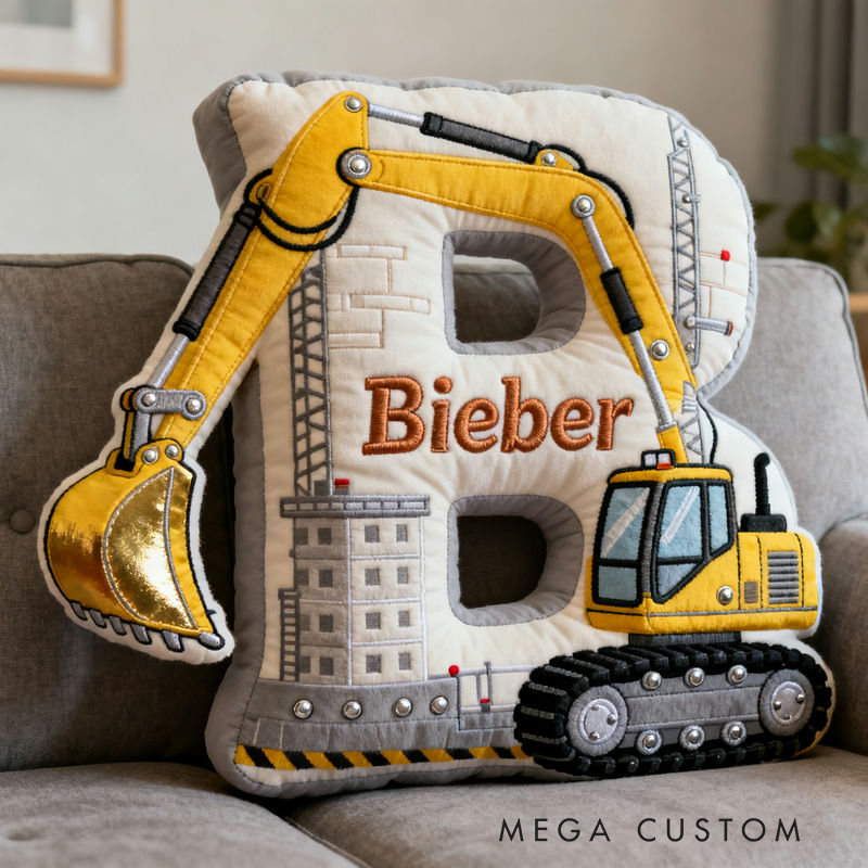 Personalized Excavator Theme Initial Name Graphic 3D Print Pillow Christmas Gift for Kids