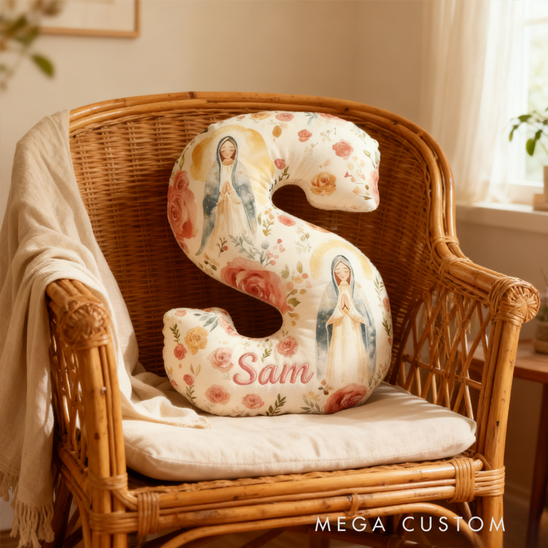 Personalized Virgin Mary Letter Pillow with Custom Name Home Decor Christian Thanksgiving Pillow Retro Fall Faith Gift for Family