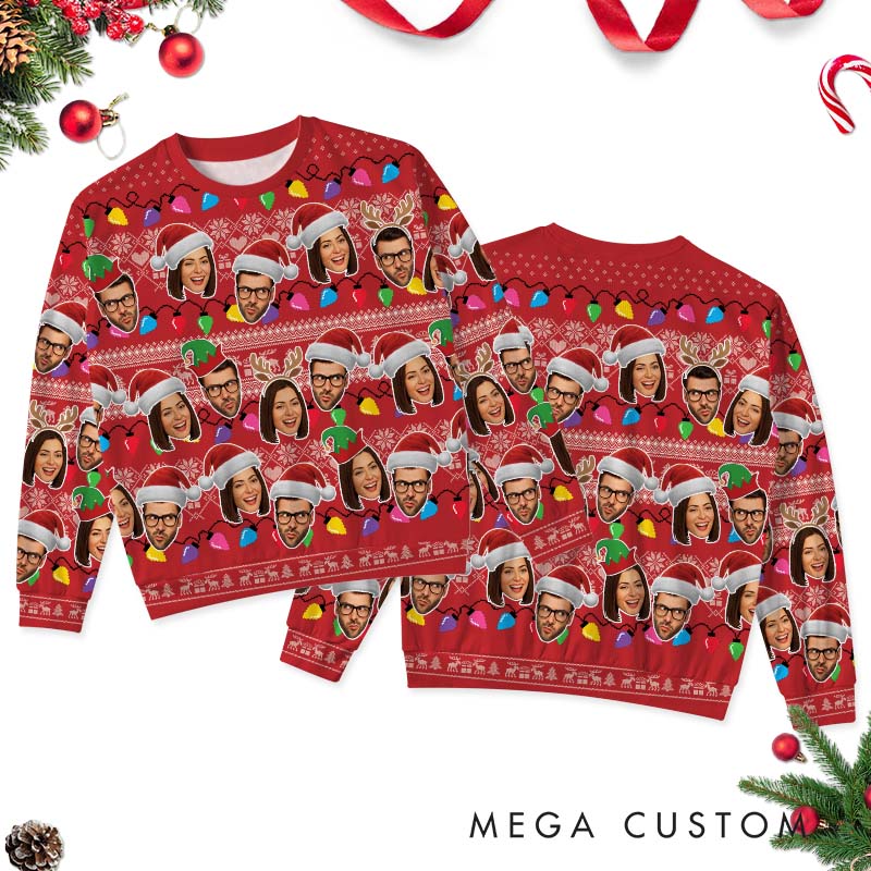 Personalized Couple Photo Christmas Ugly Sweater Custom Couple Face Xmas Light Matching Crewneck Sweatshirt Christmas Gift for Husband Wife