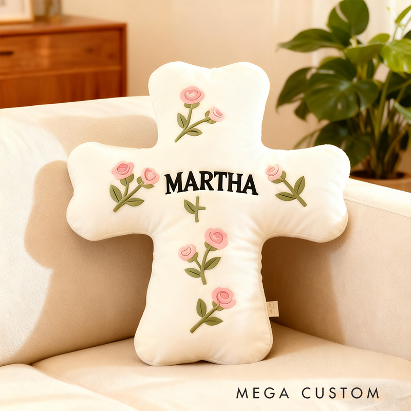 Personalized Roses Cross Pillow with Custom Name Home Decor Christian Flower Cross Pillow Religious Baptism Gift for Her Prayer Corner Faith Gift