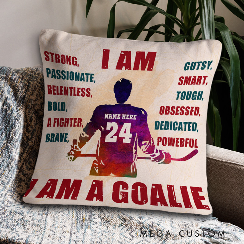Personalized Ice Hockey Throw Pillow with Custom Name, Number, and Empowering Words