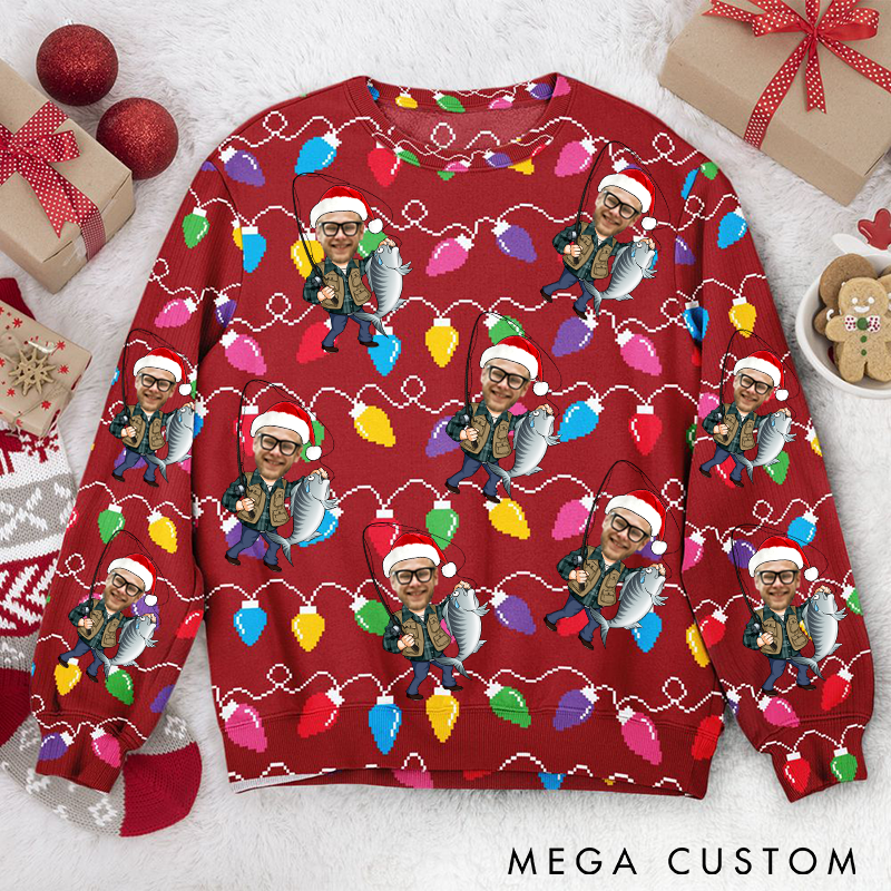 Personalized Fishing Ugly Sweater Custom Face Sweater with Festive Design Ideal Gift for Fishing Enthusiasts
