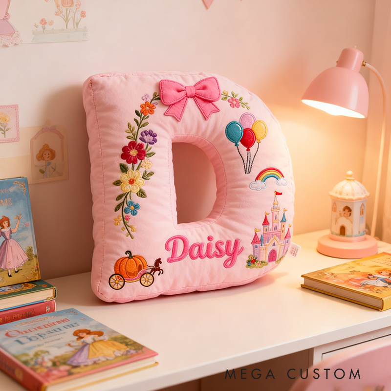 Personalized Pink Letter Christmas Gift Pillow with Castle Pumpkin Carriage Rainbow for a Fairytale Inspired Design Graphic 3D Print Pillow