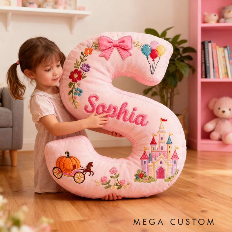 Personalized Pink Letter Christmas Gift Pillow with Castle Pumpkin Carriage Rainbow for a Fairytale Inspired Design Graphic 3D Print Pillow