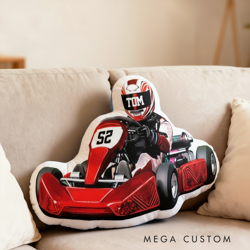 Personalized Racer Shaped Throw Pillow Custom Name and Number Decorative Cushion Gift for Car Lovers and Racers