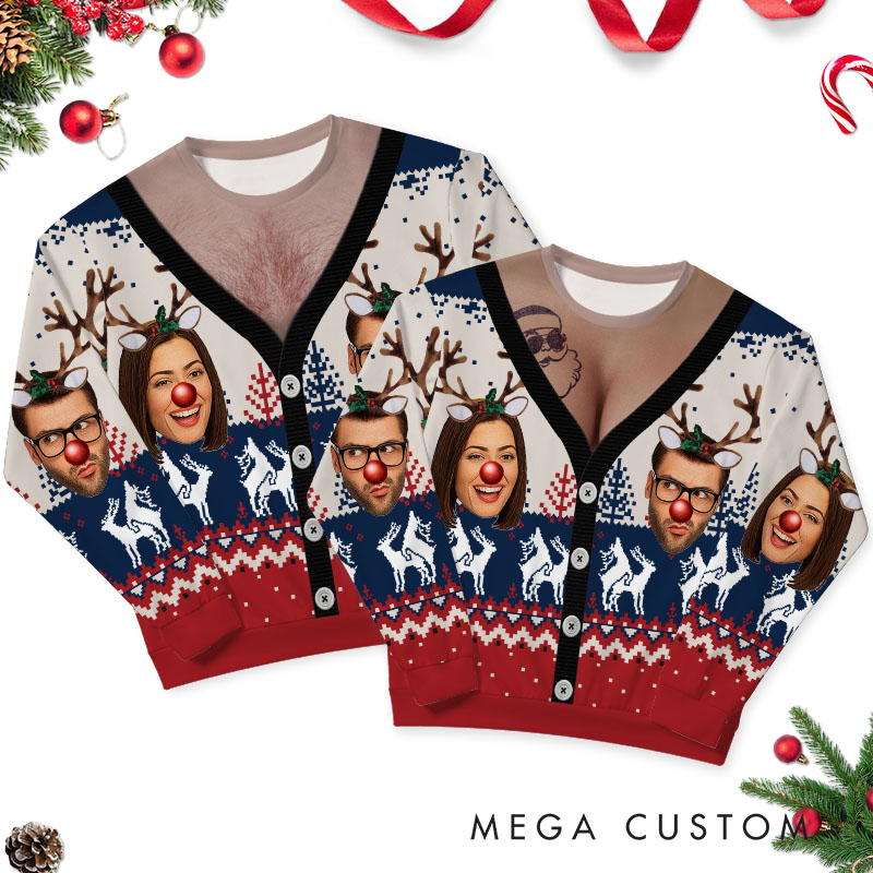 Personalized Funny Couple Face Photo Christmas Ugly Sweater Custom Couple Chest Xmas Matching Crewneck Sweatshirt Christmas Gift for Husband Wife