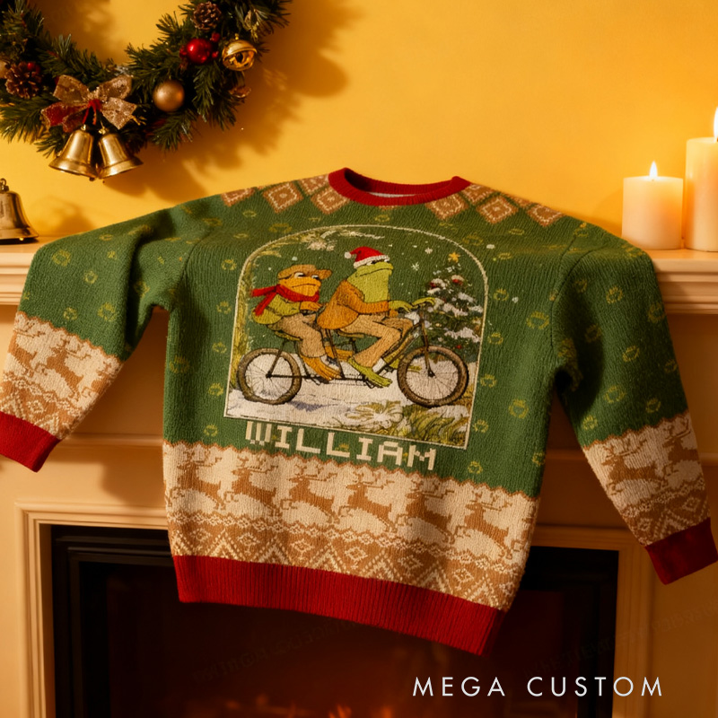 Personalized Frog Reading Ugly Christmas Sweater Funny Cyclist Gift Bicycle Holiday Jumper Bike Rider Christmas Keepsake Riding Lovers