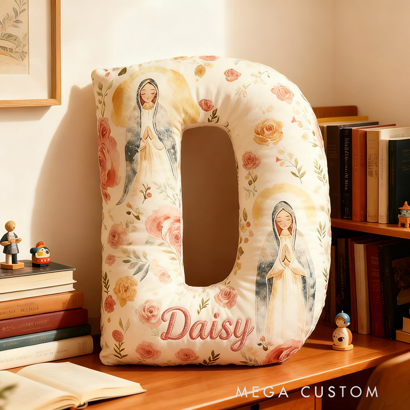 Personalized Virgin Mary Letter Pillow with Custom Name Home Decor Christian Thanksgiving Pillow Retro Fall Faith Gift for Family