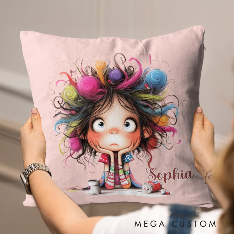 Personalized Cute Cartoon Quirky Girl Throw Pillow with Name Home Decor Birthday Gift for Girls