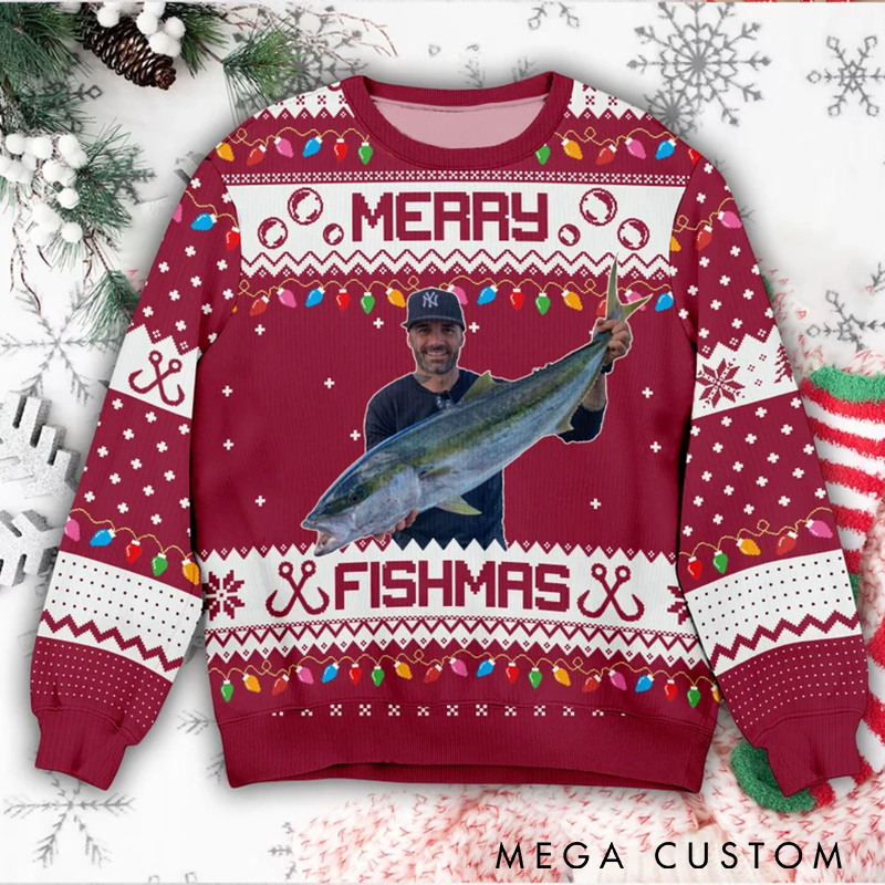 Personalized Photo Ugly Sweater Fishing Ugly Sweater Merry Fishmas Gift For Fishing Lovers Gift For Fishing Lovers Fisherman Gifts