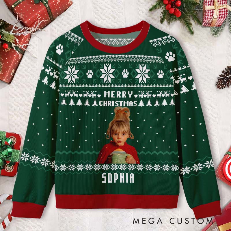 Personalized Festive Wreath with Custom Photo Green Holiday Greetings Ugly Sweater Shirt