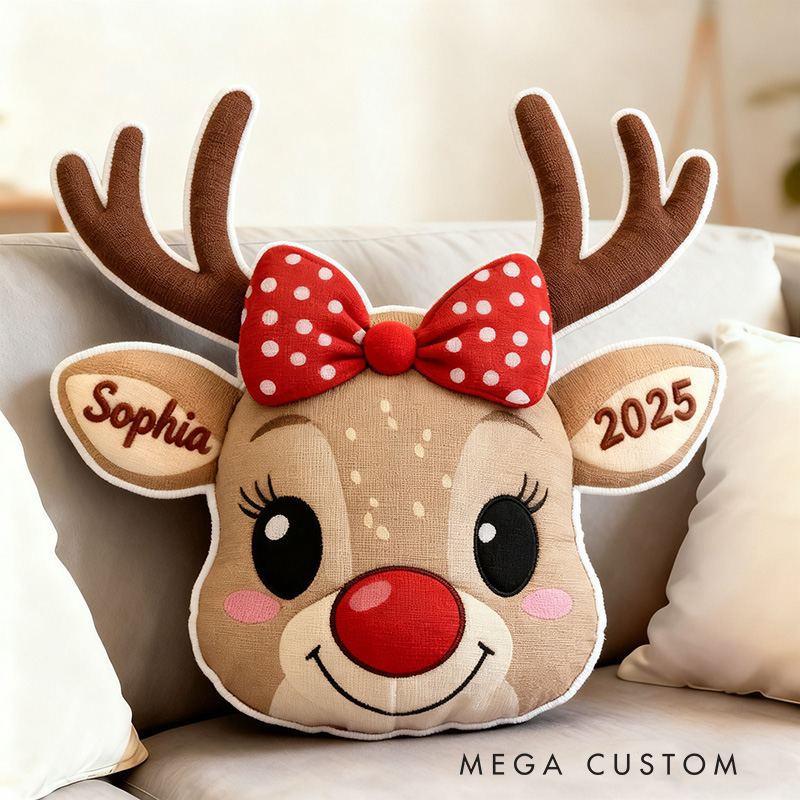 Personalized Cute Reindeer Face with Red Bow Custom Name and Year Soft Holiday Decoration Cozy Christmas Gift Plush  Graphic 3D Print Pillow