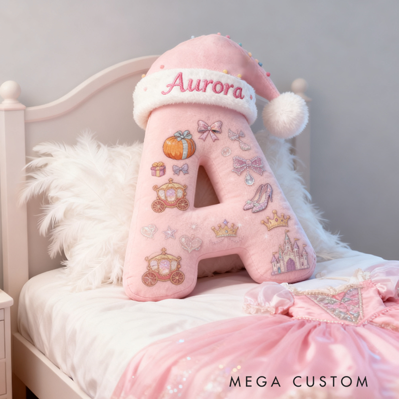 Personalized Pink Letter Pillow with Santa Hat Castle Crown Glass Slipper Pumpkin Carriage Bows and Fairytale Magic Graphic 3D Print Pillow