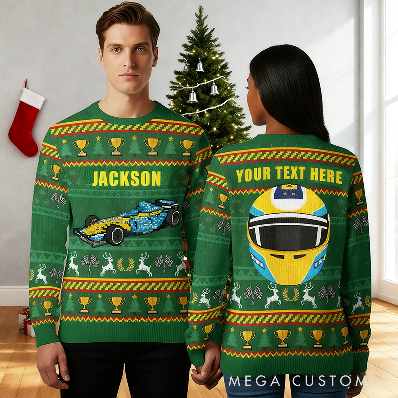 Personalized Christmas Ugly Sweater with Reindeer Design Custom Text Sweater Gift for Racers and Racing Lovers