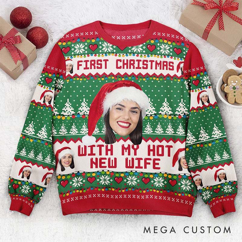 Personalized Couple Ugly Sweater First Christmas with My Hot New Wife Husband Couple Edition Christmas Sweater for Husband Wife
