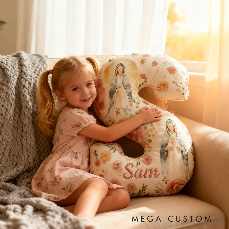 Personalized Virgin Mary Letter Pillow with Custom Name Home Decor Christian Thanksgiving Pillow Retro Fall Faith Gift for Family