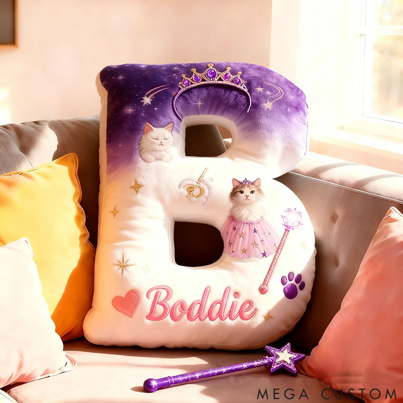 Personalized Cat Lover Princess Letter Pillow with Custom Name Pillow for Kid Graphic 3D Print