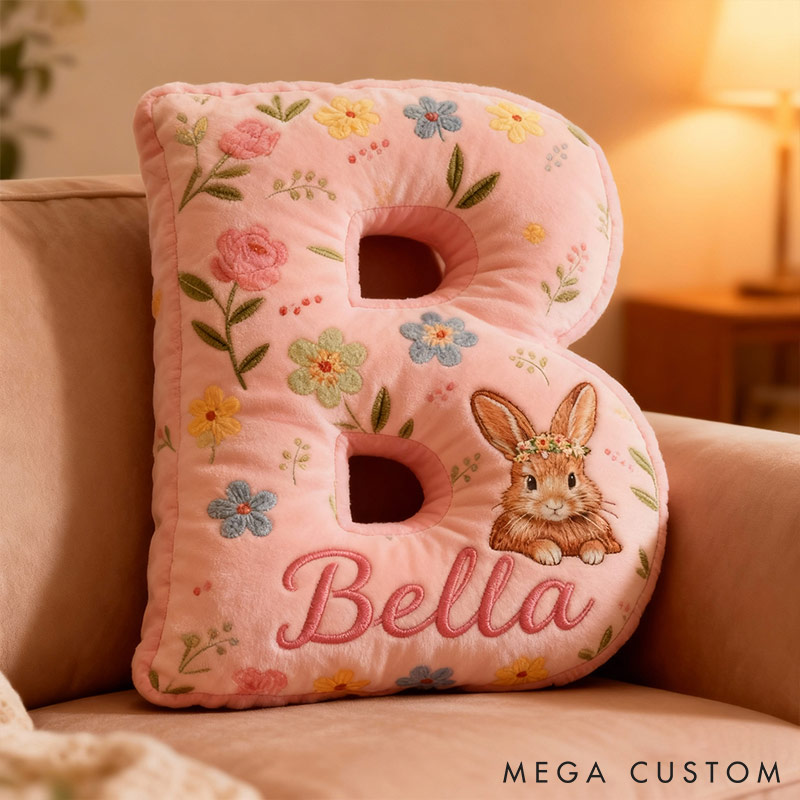 Personalized GirlFriend Flower Floral Rabbit Pink Pillow Custom Name Cushion Valentine's Gift for GirlFriend Christmas Gift for Her for Flower Girl