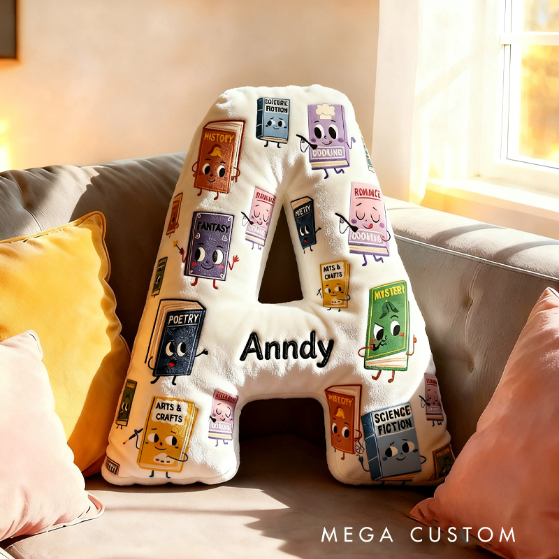 Personalized Book Genres Alphabet Throw Pillow Graphic 3D Cozy Bookish Pillow with Name for Kids Bookworm Librarian Christmas Throw Pillow Bookish Gift