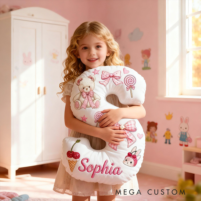 Personalized Teddy Bear Bow Candy Cherry Custom Name Soft Decorative Gift Sweet Princess Style Cozy Nursery Room Dream Pink Cute Graphic 3D Print Pillow