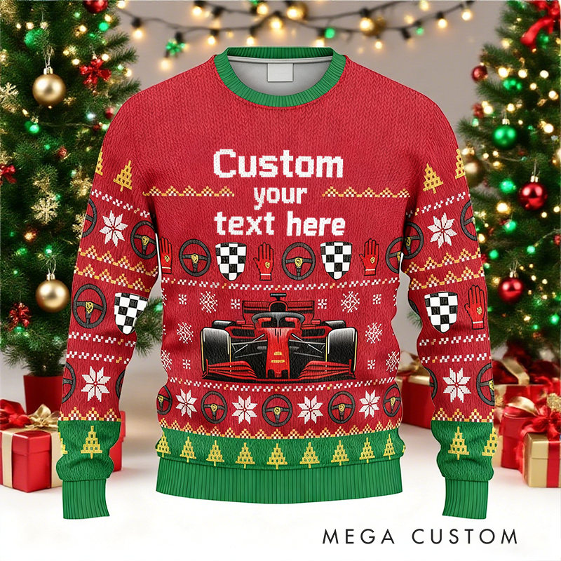 Personalized Christmas Ugly Sweater Racing Car Design Custom Text Sweater Gift for Racers and Racing Lovers