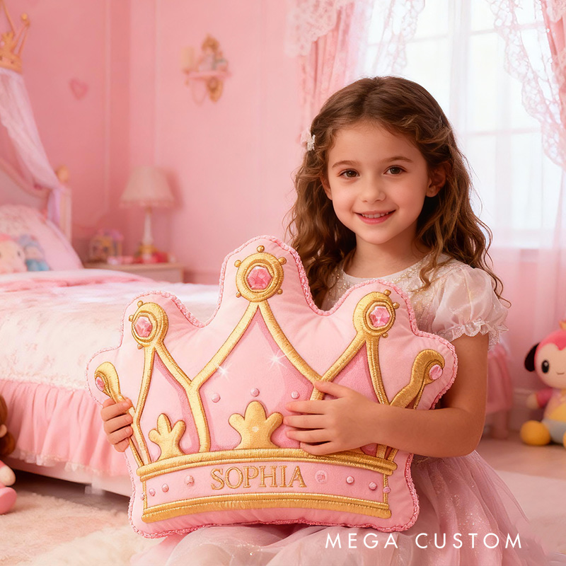 Personalized Pink Crown Shape Custom Name Soft Decorative Gift Royal Princess Style Cozy Girls Room Fairytale Castle Graphic 3D Print Pillow