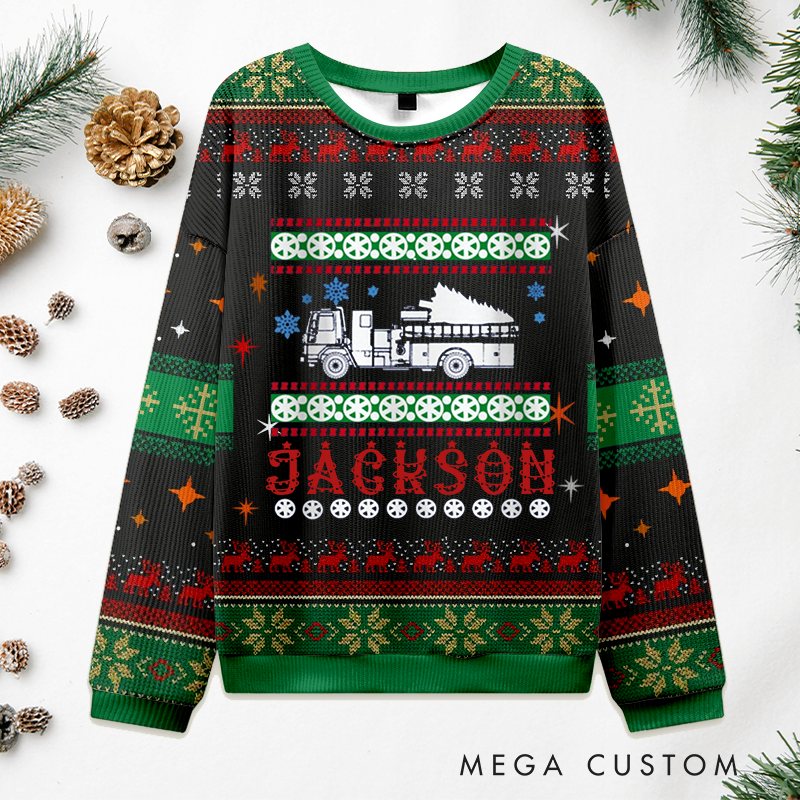 Personalized Firefighter Christmas Sweater Fire Truck with Ladder Design Sweatshirt Gift for Firefighters