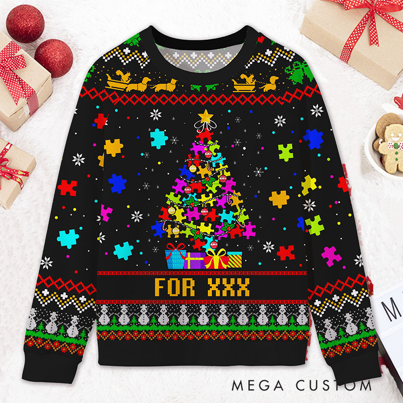 Personalized Christmas Tree Lights Reindeer Custom Name Funny Holiday Gift Festive Colorful Style Cozy Winter Party Joyful Autism awareness Ugly Sweater Shirt
