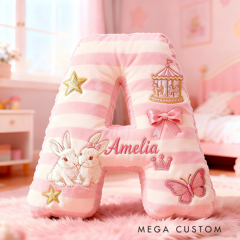 Personalized Pink Striped Bunny Star Butterfly Carousel Letter Initial Custom Name Soft Decorative Gift Cozy Girls Room  Graphic 3D Print Pillows Pillow
