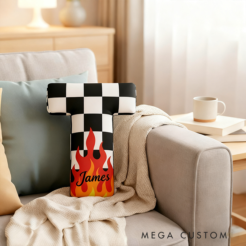 Personalized Racing Letter Throw Pillow Graphic 3D Print Custom Name Checkered and Flame Design Cushion Gift for Racers and Racing Lovers