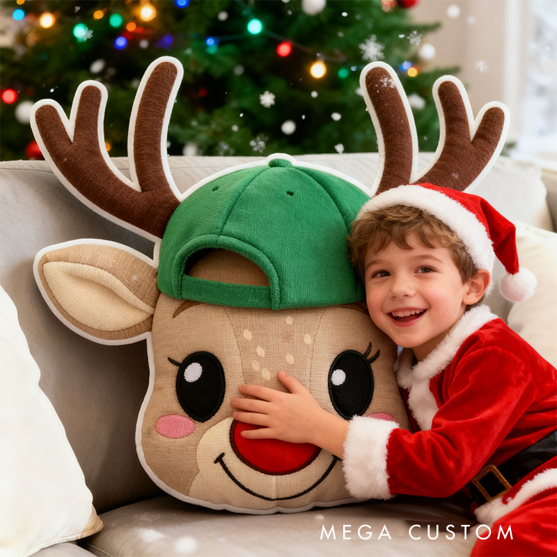 Personalized Cute Reindeer Face with Red Bow Custom Name and Year Soft Holiday Decoration Cozy Christmas Gift Plush  Graphic 3D Print Pillow