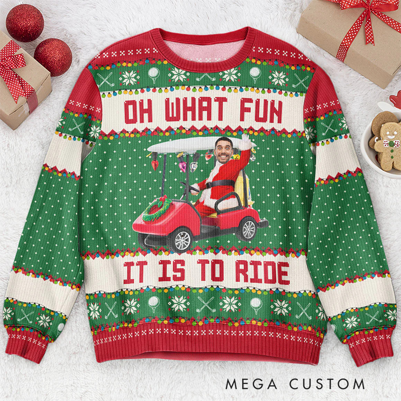 Personalized Christmas Ugly Sweatshirt with Custom Face and Golf Cart Design