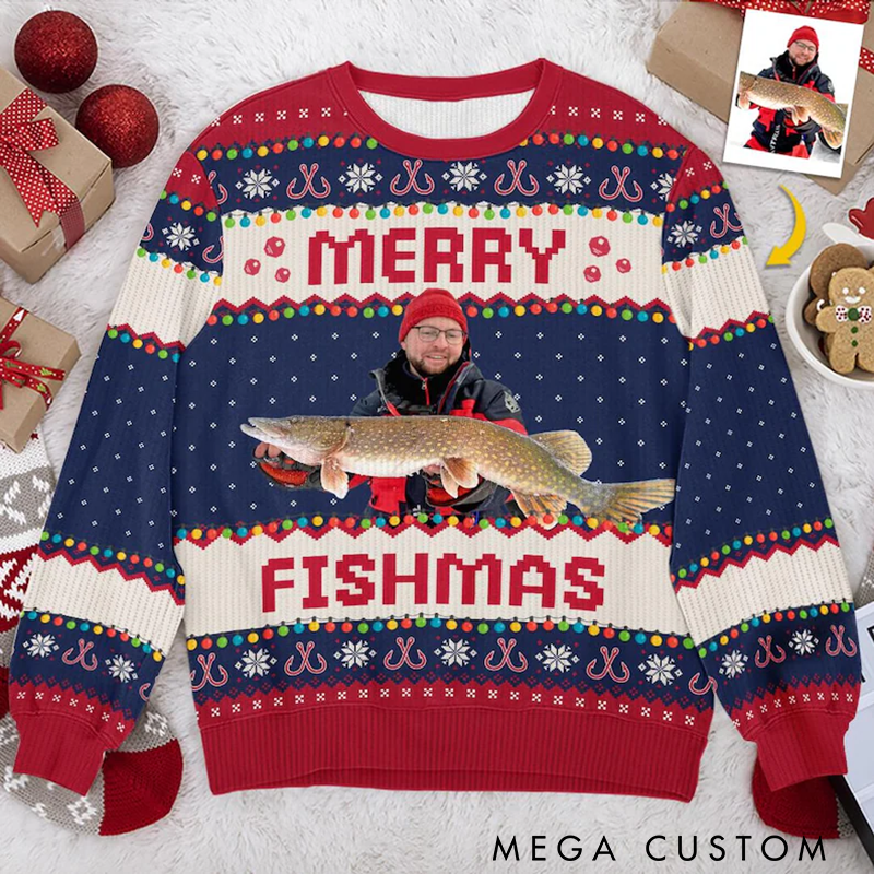 Personalized Merry Fishmas Sweatshirt Photo Fisherman Ugly Sweatshirt Funny Christmas Jumpers Photo Gift For Fishing Lover
