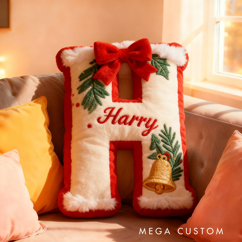 Personalized Christmas Letter Name Custom Kids Gift Festive Red Bow Holiday Cozy Decorative Graphic 3D Print Pillows