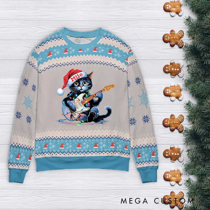 Personalized Ugly Sweater Cat Music Christmas Sweater Song Fan Family Sweater