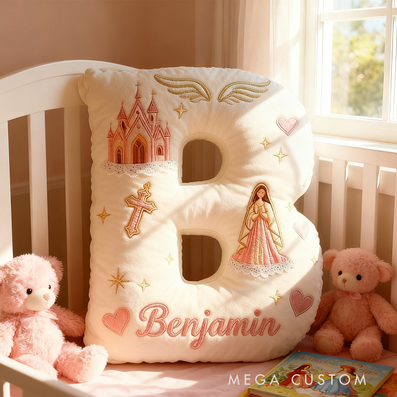 Personalized Virgin Mary Letter Pillow with Custom Name Kid Room Decor Church Cross Angel Wing Religious Faith Gift for Her Graphic 3D Print Pillow