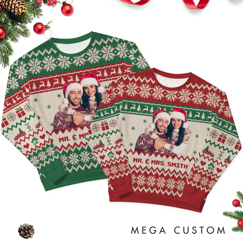 Personalized Couple Photo Christmas Ugly Sweater Custom Couple Face Xmas Matching Crewneck Sweatshirt Christmas Gift for Husband Wife