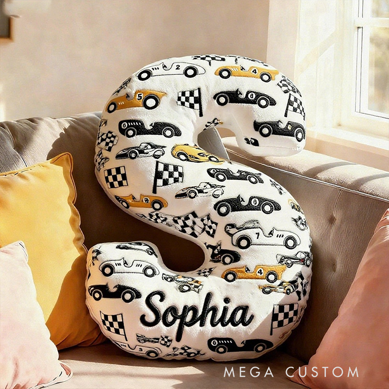 Personalized Racing Letter Pillow Custom Name and Initial Graphic Print Alphabet Cushion Graphic 3D Print Gift for Car Lovers