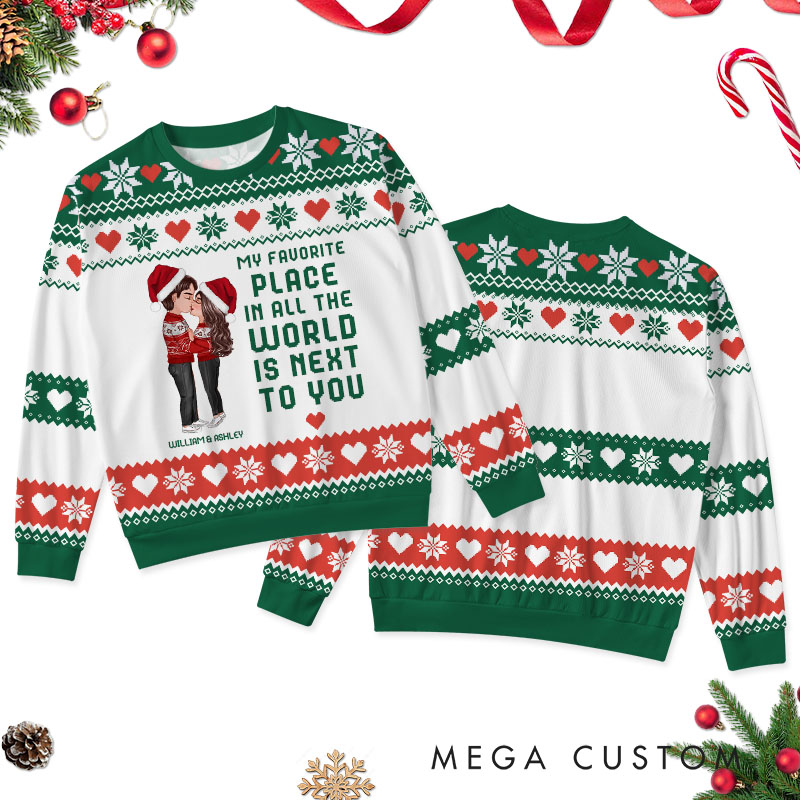 Personalized Christmas Hugging Kissing Couple Ugly Sweater Faux Knitting Ugly Sweater Xmas Gift for Him Her Couple Christmas Ugly Sweater