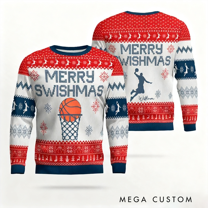 Personalized Merry Swishmas Basketball Christmas Sweater with Custom Name