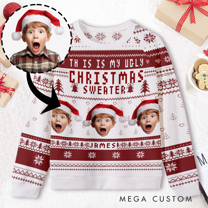 Personalized Festive Red and White Photo Frame Kids Ugly Christmas Sweater
