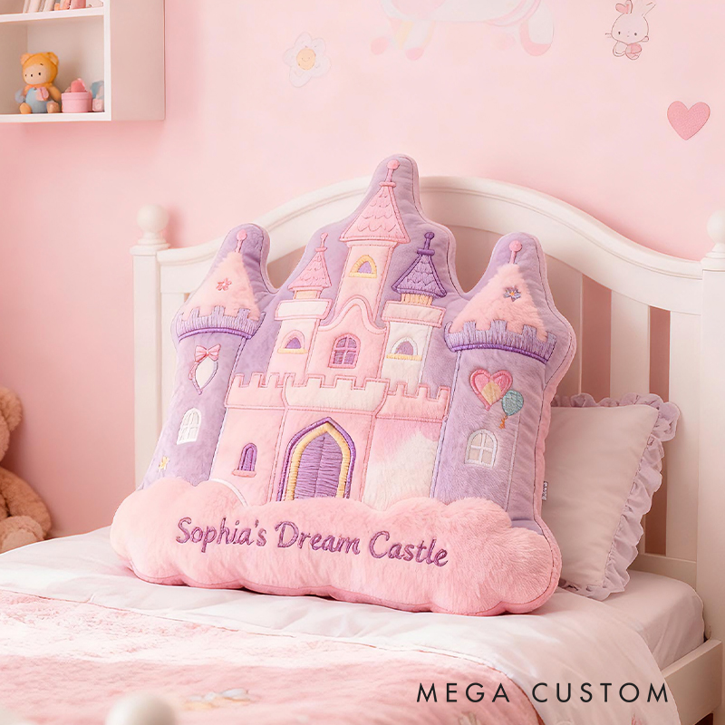 Personalized Pink Purple Castle Shape Custom Name Soft Decorative Gift Fairytale Princess Style Cozy Nursery Room Dream Magic Graphic 3D Print Pillow