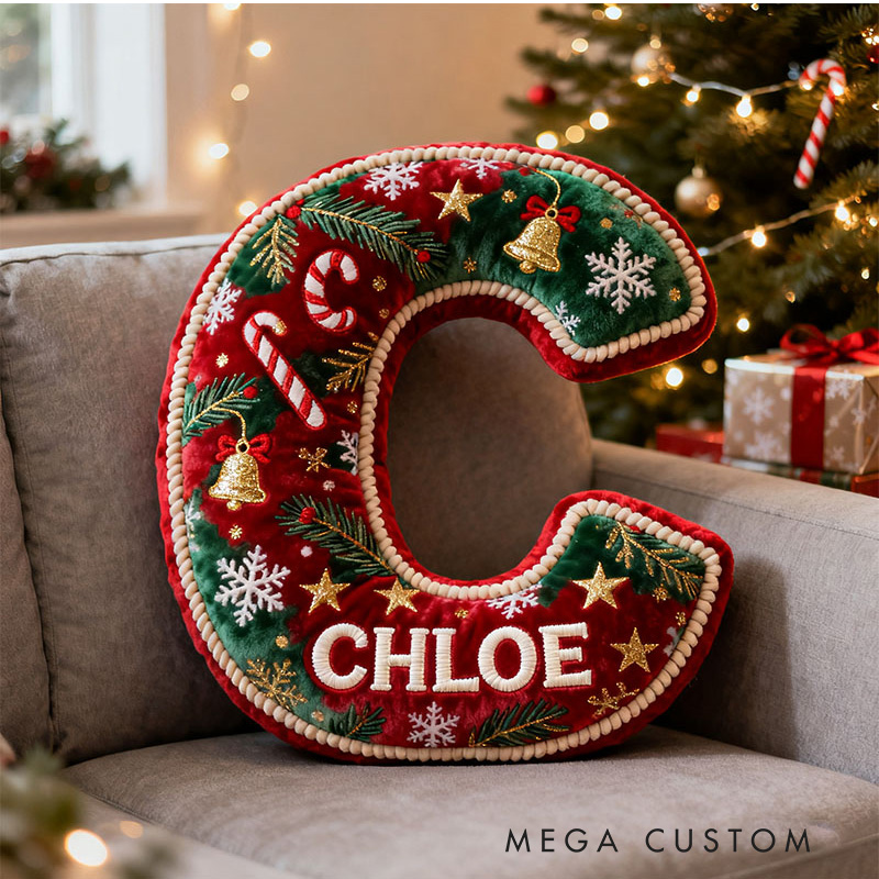 Personalized Christmas Letter Pillow Festive Holiday Decor Candy Cane and Bell Graphic 3D Print Cozy Custom Cushion for Living Room Soft Decorative