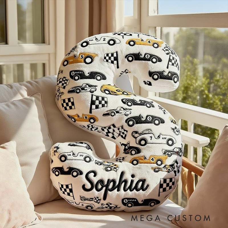Personalized Racing Letter Pillow Custom Name and Initial Graphic Print Alphabet Cushion Graphic 3D Print Gift for Car Lovers