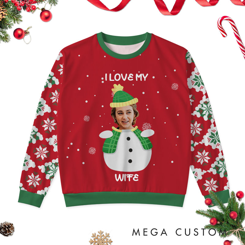 Personalized I Love My Wife Husband Snowman Christmas Ugly Sweater Couple Xmas Ugly Sweater for Husband Wife Boyfriend Girlfriend