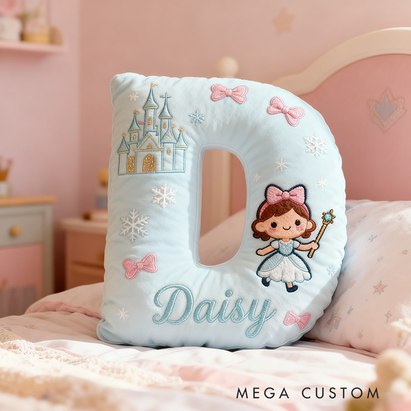 Personalized Light Blue Letter Christmas Gift Pillow with Castle Bow Accents and Fairy Princess Design for a Magical and Whimsical Touch 3D Print Pillow